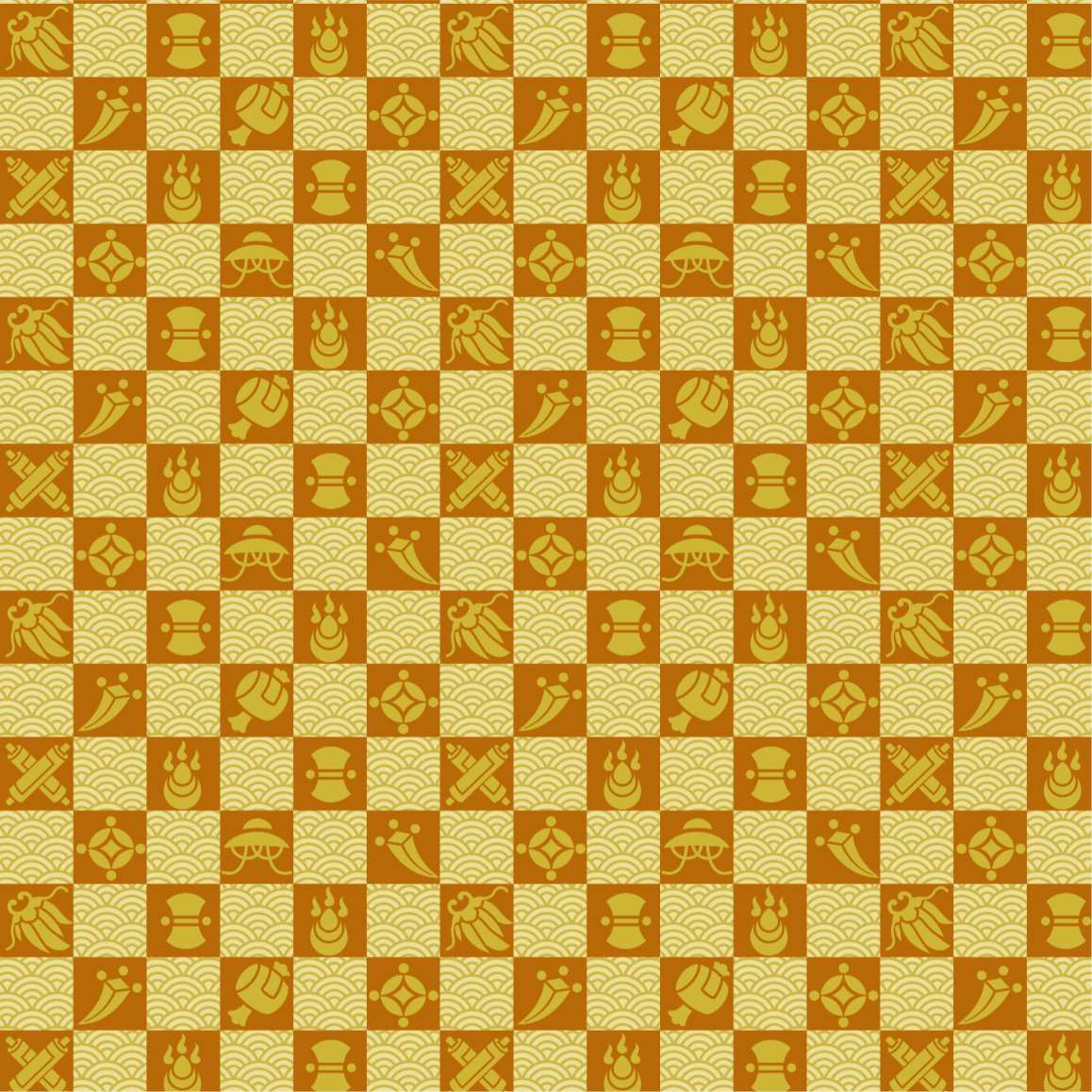 黄色とえんじ色の宝尽くし文様画像