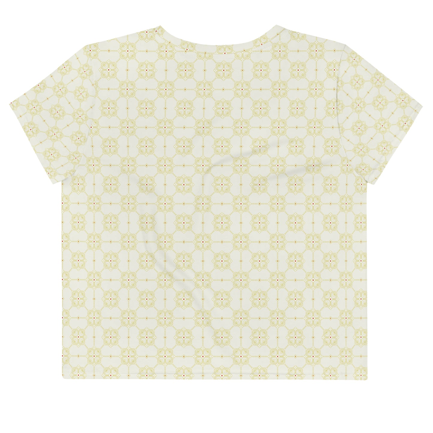 クリーム色系の割付文様レディースクロップTシャツの背面画像
