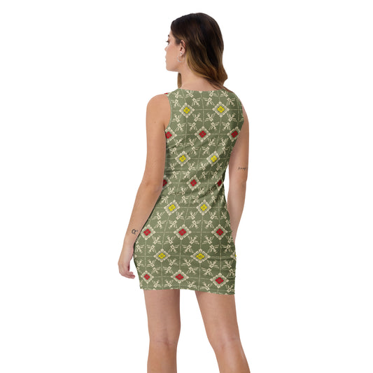 オリーブ色の鳥襷のレディースワンピースのイメージ画像(バック)