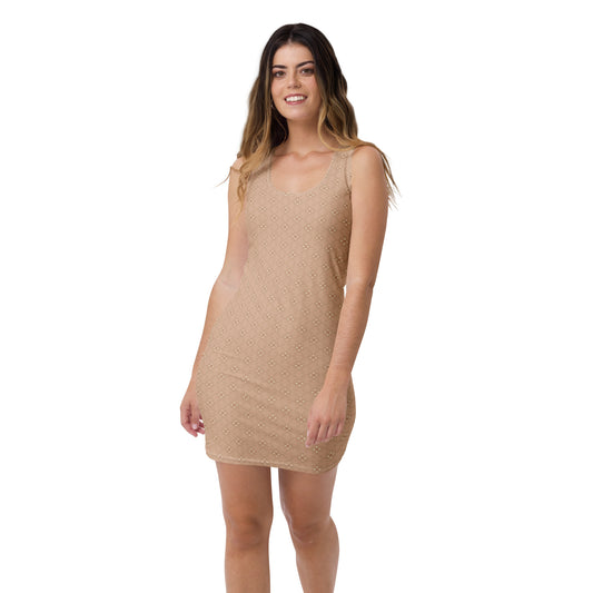 ブラウンの松皮菱に花菱文様のレディースワンピースのイメージ画像(フロント)