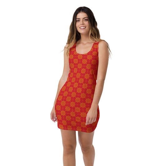 赤地に金色の割付文様のレディースワンピースのイメージ画像(フロント)