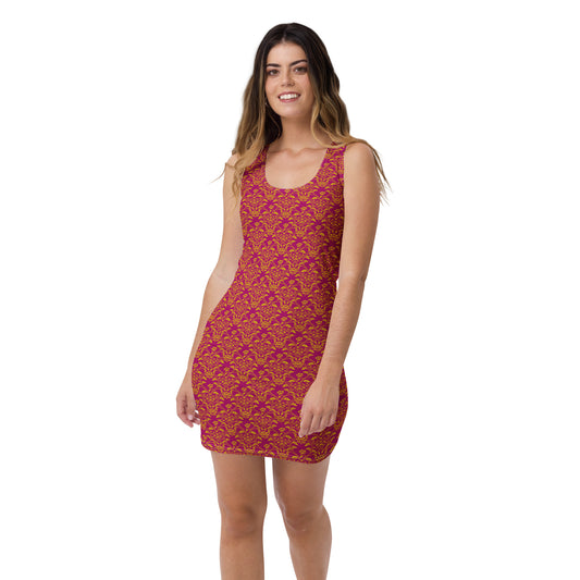 赤地に金色の唐花立涌文様のレディースワンピースのイメージ画像(フロント)