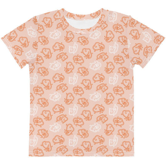 竜の伝統文様である竜紋(龍紋)を丸く小さくデフォルメしたピンク地の男の子や女の子たち子供向けキッズTシャツの前面画像