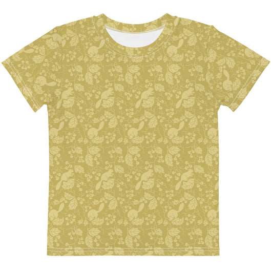 栗鼠(リス)の伝統文様をあしらった茶色(ベージュ)地の男の子や女の子たち子供向けキッズTシャツの前面画像