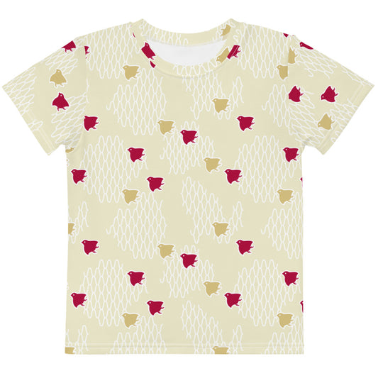 千鳥の伝統文様をあしらったベージュ地の男の子や女の子たち子供向けキッズTシャツの前面画像