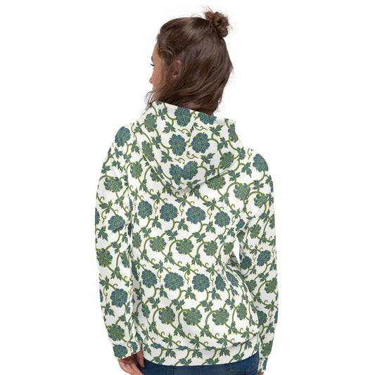 白地に青色の牡丹唐草文様レディースパーカーのコーディネート画像(バック)