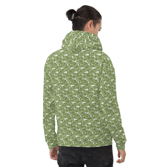 緑色の雲間に鶴文様メンズパーカーのコーディネート画像(バック)