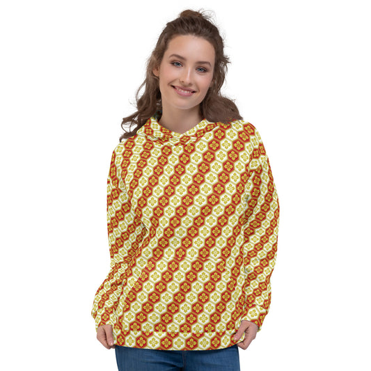 ベージュとオレンジの亀甲花菱文様レディースパーカーのコーディネート画像(フロント)