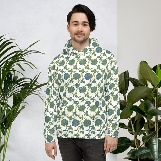 白地に青色の牡丹唐草文様メンズパーカーのコーディネート画像(フロント)