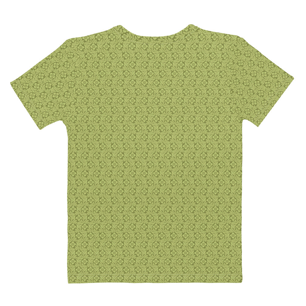 黄緑色の花勝見柄レディースTシャツの背面画像