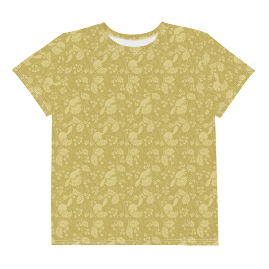 栗鼠(リス)の伝統文様をあしらった茶色(ベージュ)地の男の子や女の子たち子供向けジュニアTシャツの前面画像