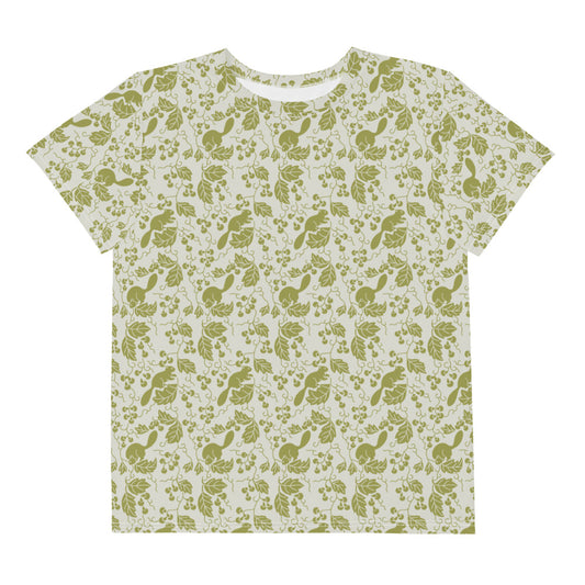 栗鼠(リス)の伝統文様をあしらったオリーブ地の男の子や女の子たち子供向けジュニアTシャツの前面画像