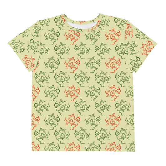 龍の文様である竜紋(龍紋)を四角くデフォルメした黄色地の男の子や女の子たち子供向けジュニアTシャツの前面画像