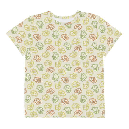 竜の伝統文様である竜紋(龍紋)を丸く小さくデフォルメした黄色地の男の子や女の子たち子供向けジュニアTシャツの前面画像