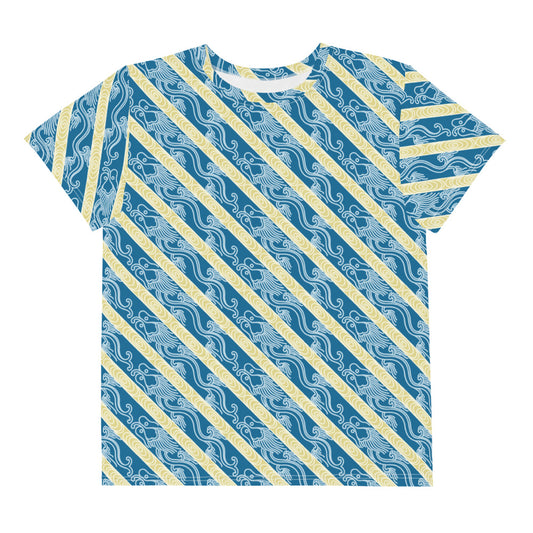 昇龍(昇竜)の伝統文様を青地の男の子や女の子たち子供向けジュニアTシャツの前面画像