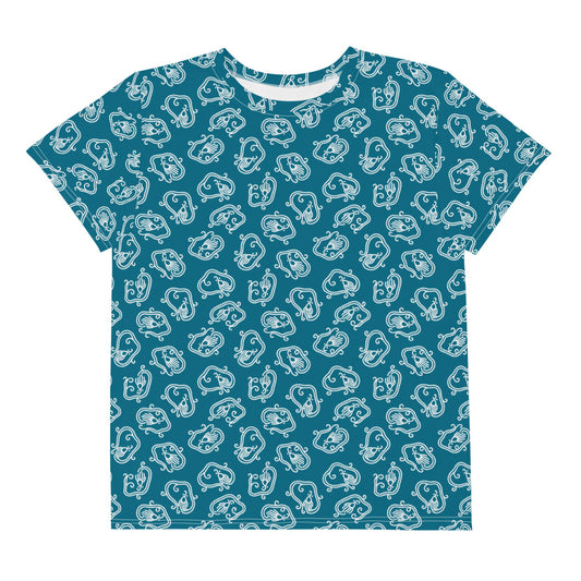 竜の伝統文様である竜紋(龍紋)を丸く小さくデフォルメした青地の男の子や女の子たち子供向けジュニアTシャツの前面画像