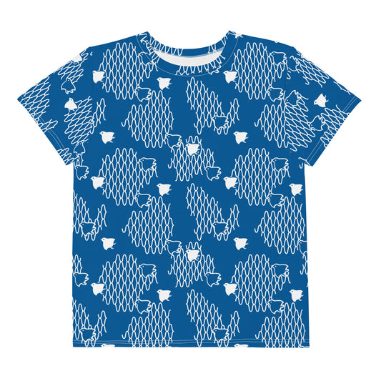 千鳥の伝統文様をあしらった青地の女の子Tシャツの前面画像