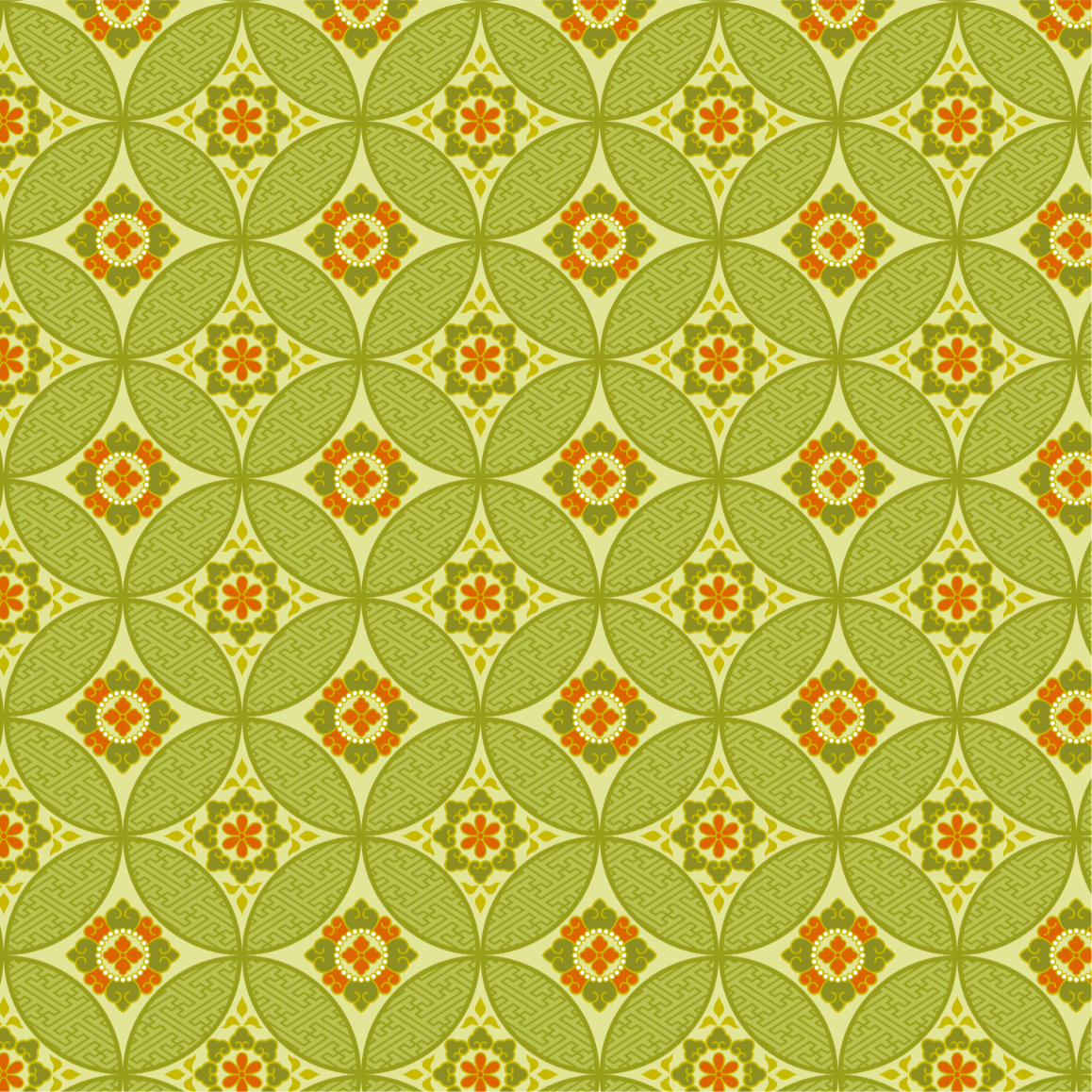 黄緑とオレンジ配色の七宝繋ぎ文様画像