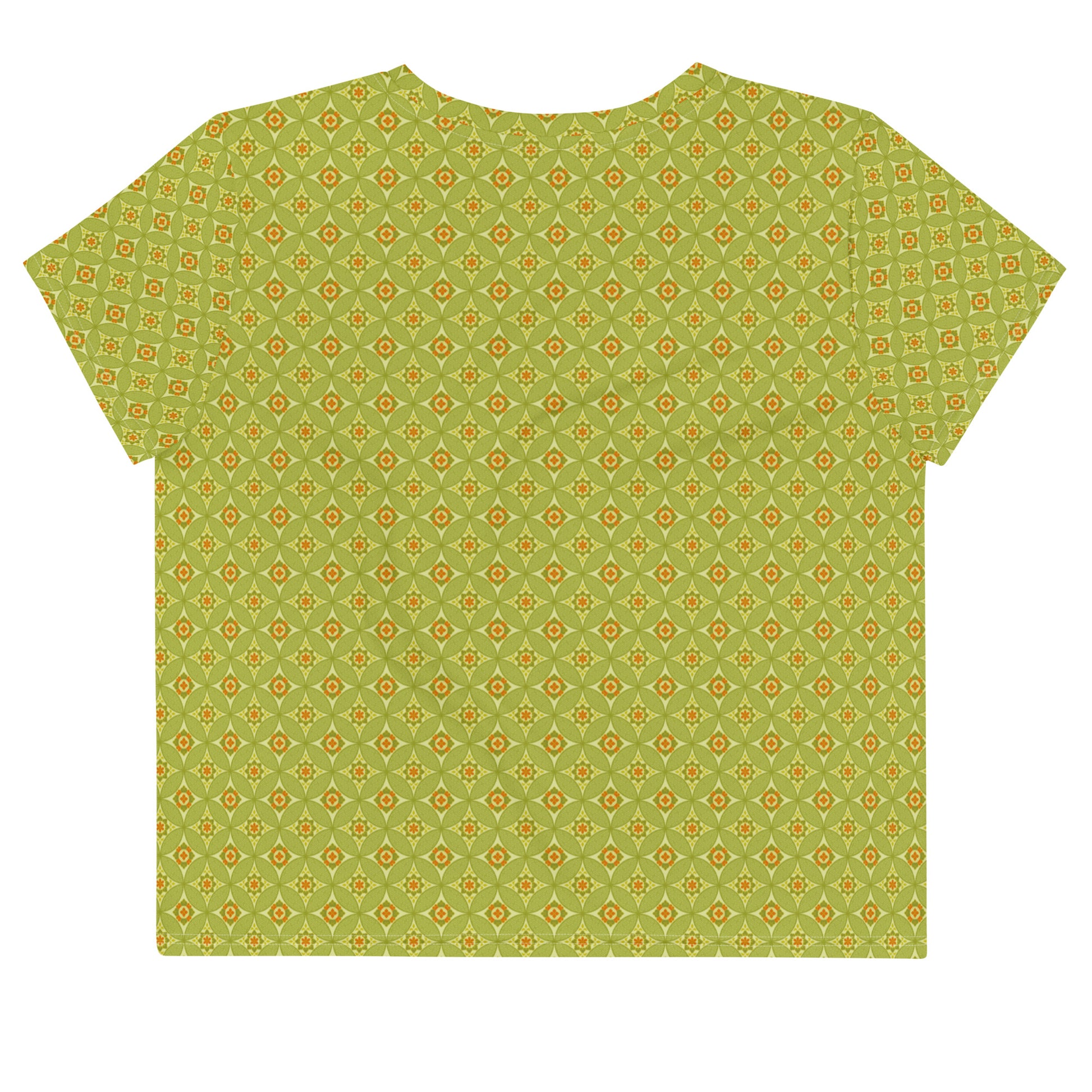 緑とオレンジ配色の七宝繋ぎ文様レディースクロップTシャツの背面画像