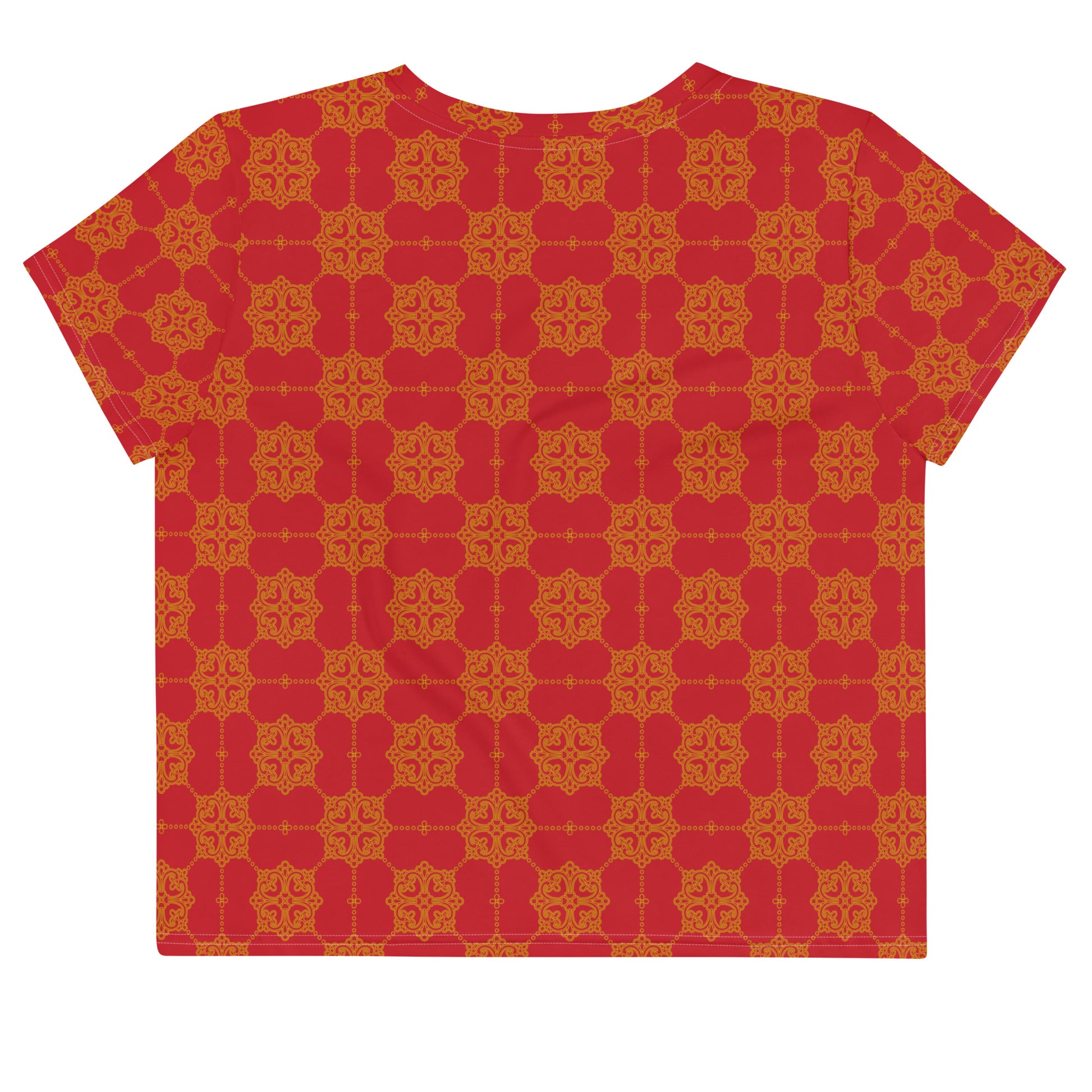 赤地にゴールドの割付文様レディースクロップTシャツの背面画像