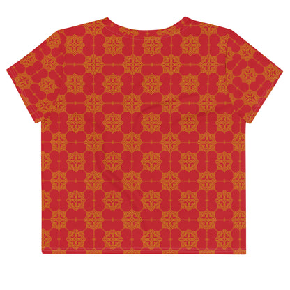赤地にゴールドの割付文様レディースクロップTシャツの背面画像