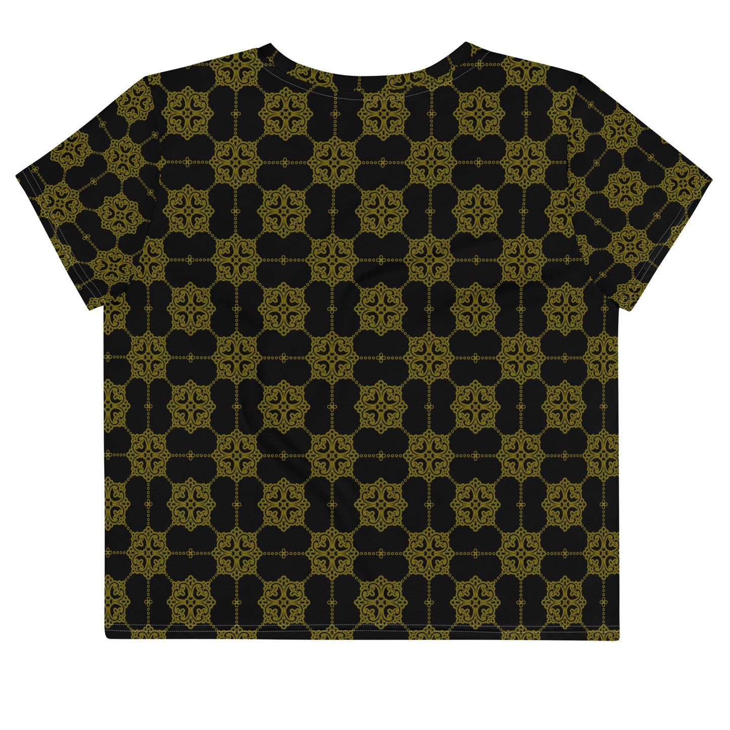 黒地にゴールドの割付文様レディースクロップTシャツの背面画像