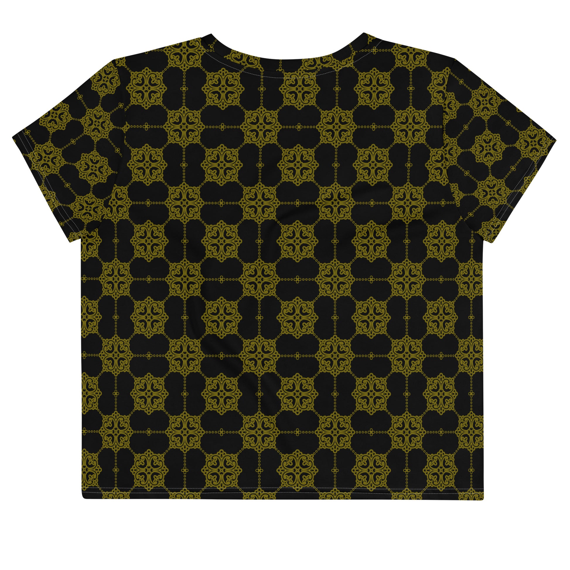 黒地にゴールドの割付文様レディースクロップTシャツの背面画像