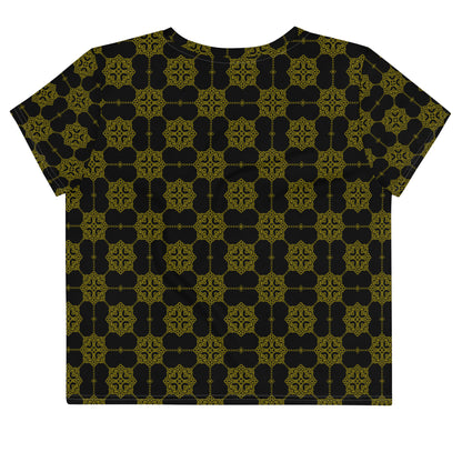 黒地にゴールドの割付文様レディースクロップTシャツの背面画像