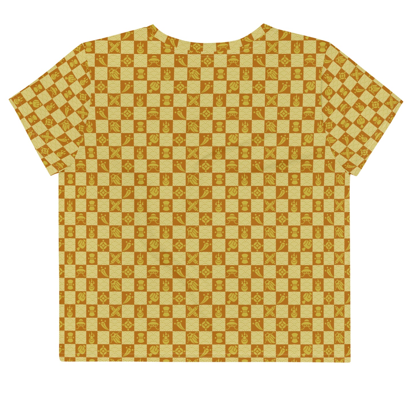 黄色とえんじ色の宝尽くし文様レディースクロップTシャツの背面画像