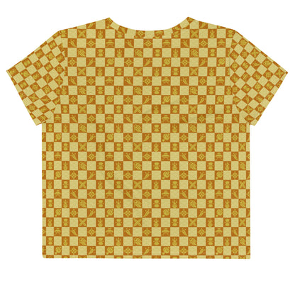 黄色とえんじ色の宝尽くし文様レディースクロップTシャツの背面画像