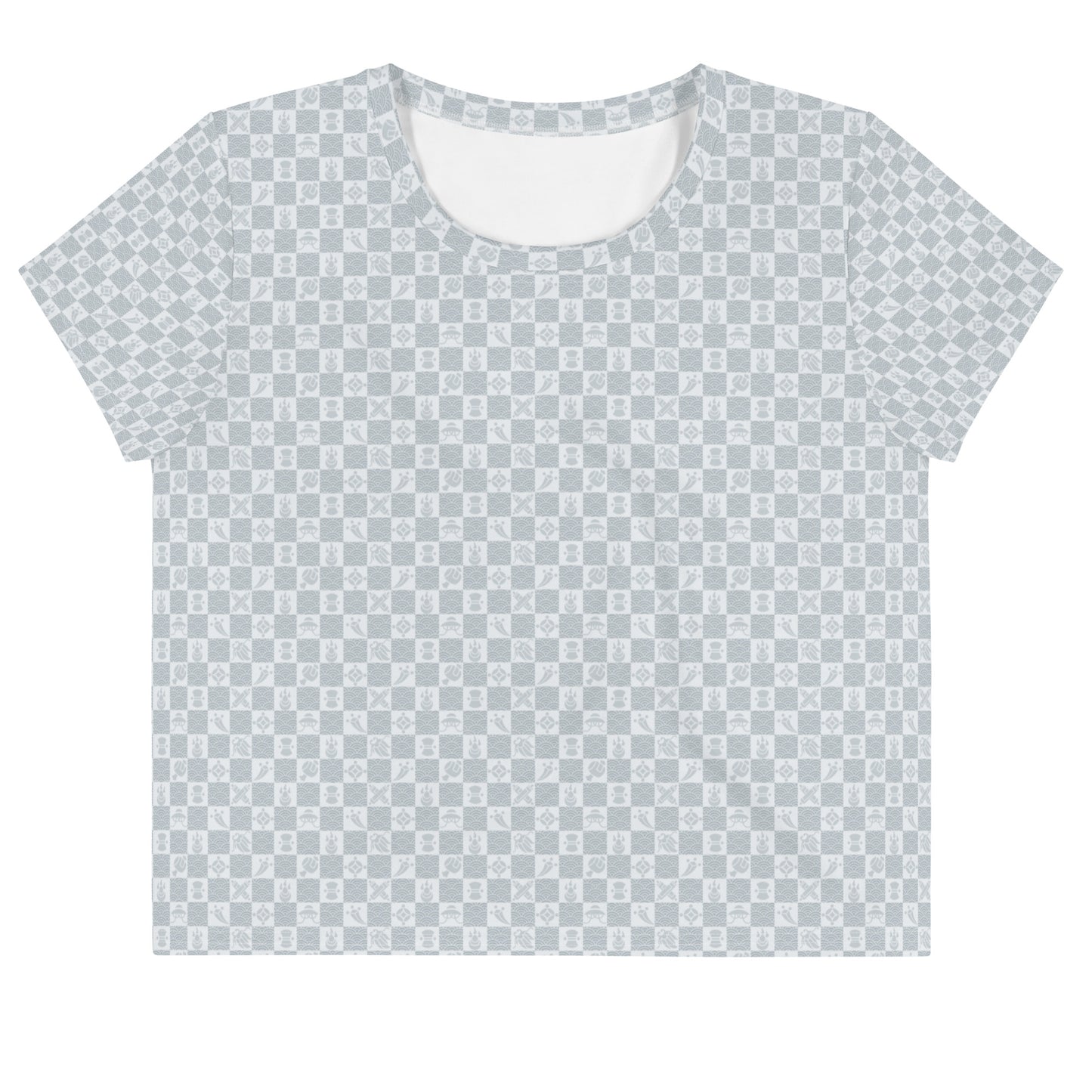 グレーの宝尽くし文様レディースクロップTシャツの前面画像