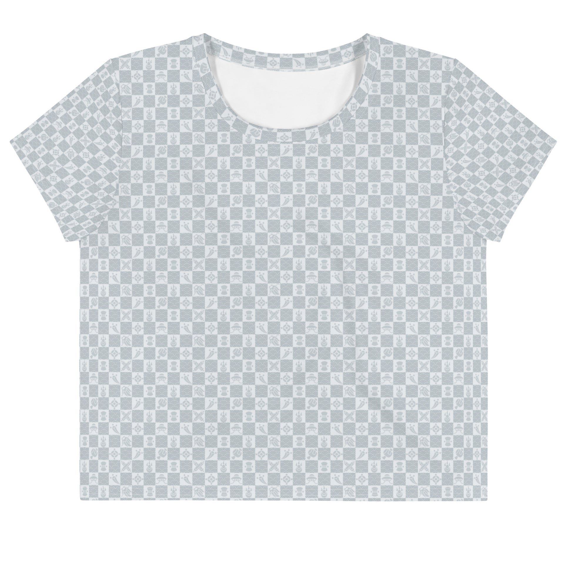 グレーの宝尽くし文様レディースクロップTシャツの前面画像