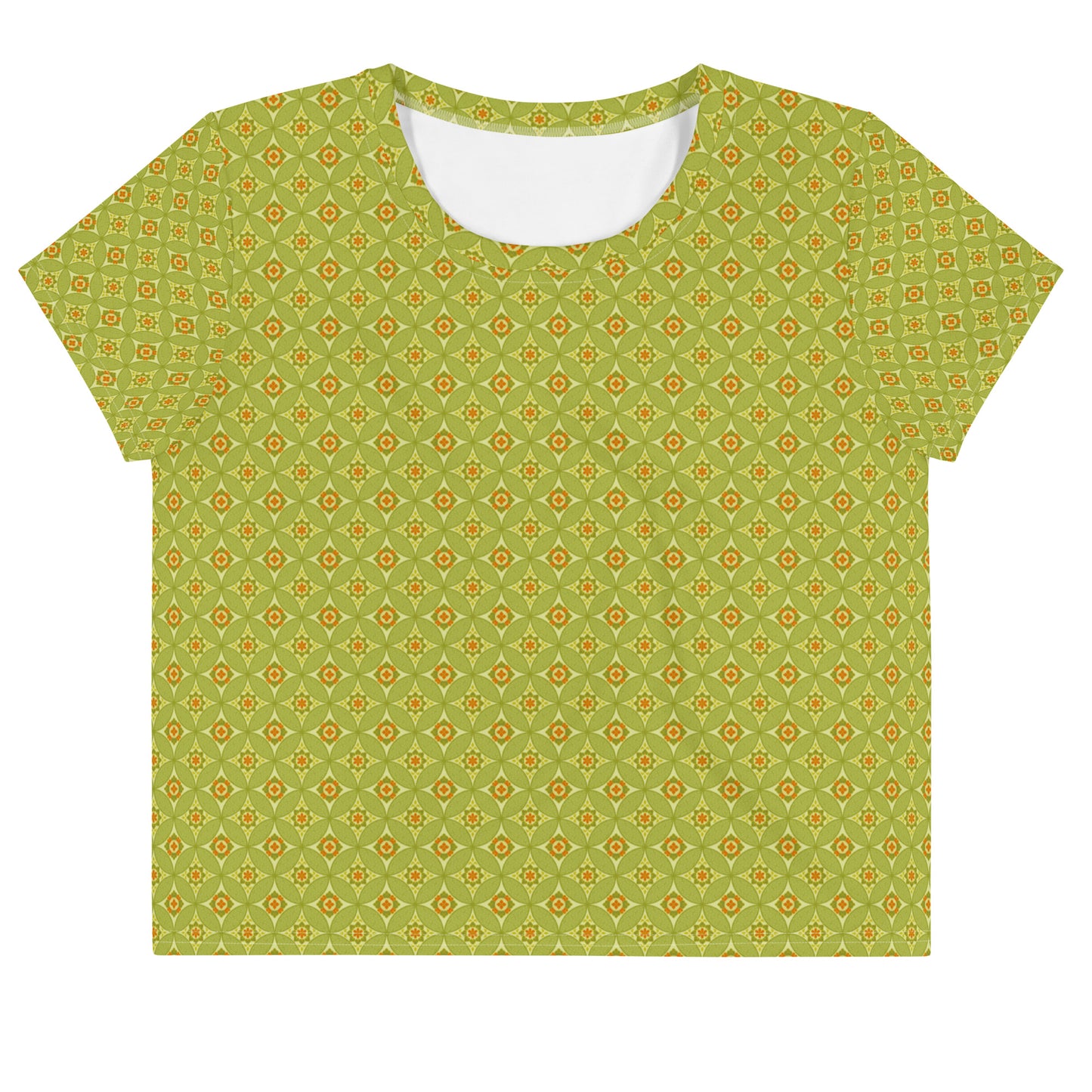 緑とオレンジ配色の七宝繋ぎ文様レディースクロップTシャツの前面画像