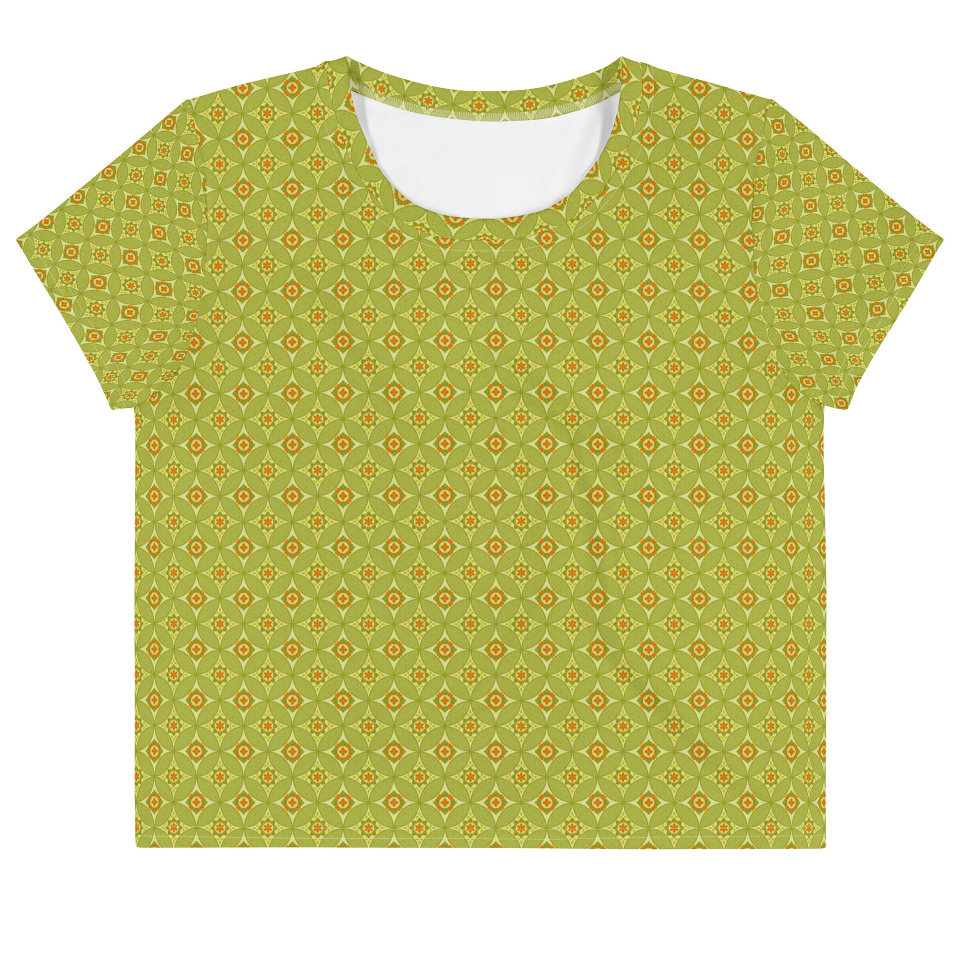 緑とオレンジ配色の七宝繋ぎ文様レディースクロップTシャツの前面画像