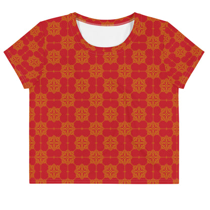 赤地にゴールドの割付文様レディースクロップTシャツの前面画像