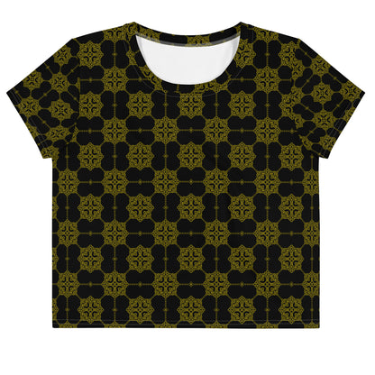 黒地にゴールドの割付文様レディースクロップTシャツの前面画像