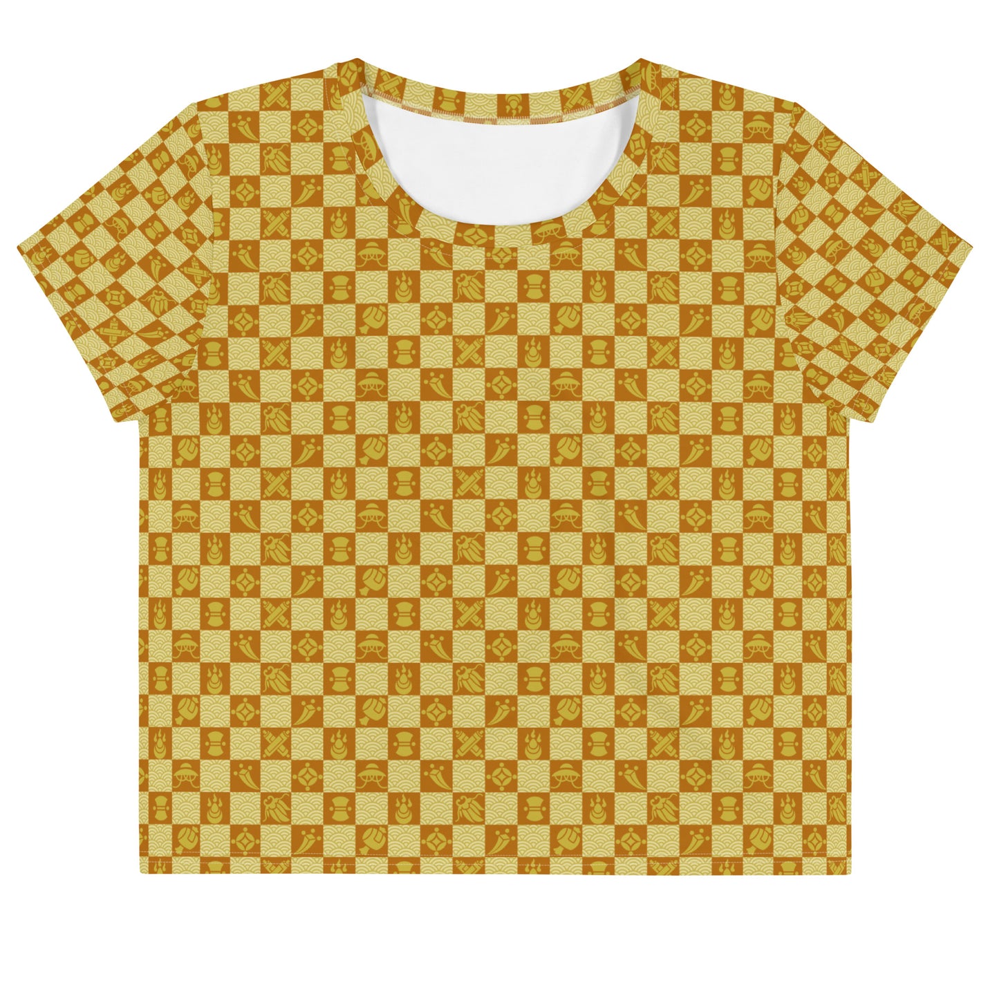 黄色とえんじ色の宝尽くし文様レディースクロップTシャツの前面画像