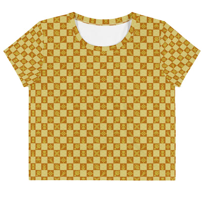 黄色とえんじ色の宝尽くし文様レディースクロップTシャツの前面画像