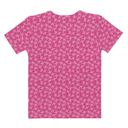 ピンク色の追羽根文様レディースTシャツの背面画像