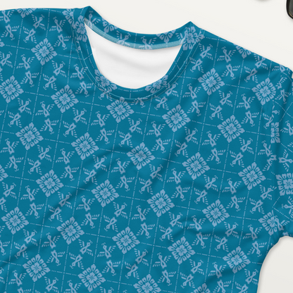 青色の鳥襷文メンズTシャツの接写画像