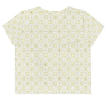 クリーム色系の割付文様レディースクロップTシャツの背面画像