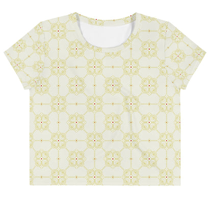 クリーム色系の割付文様レディースクロップTシャツの前面画像