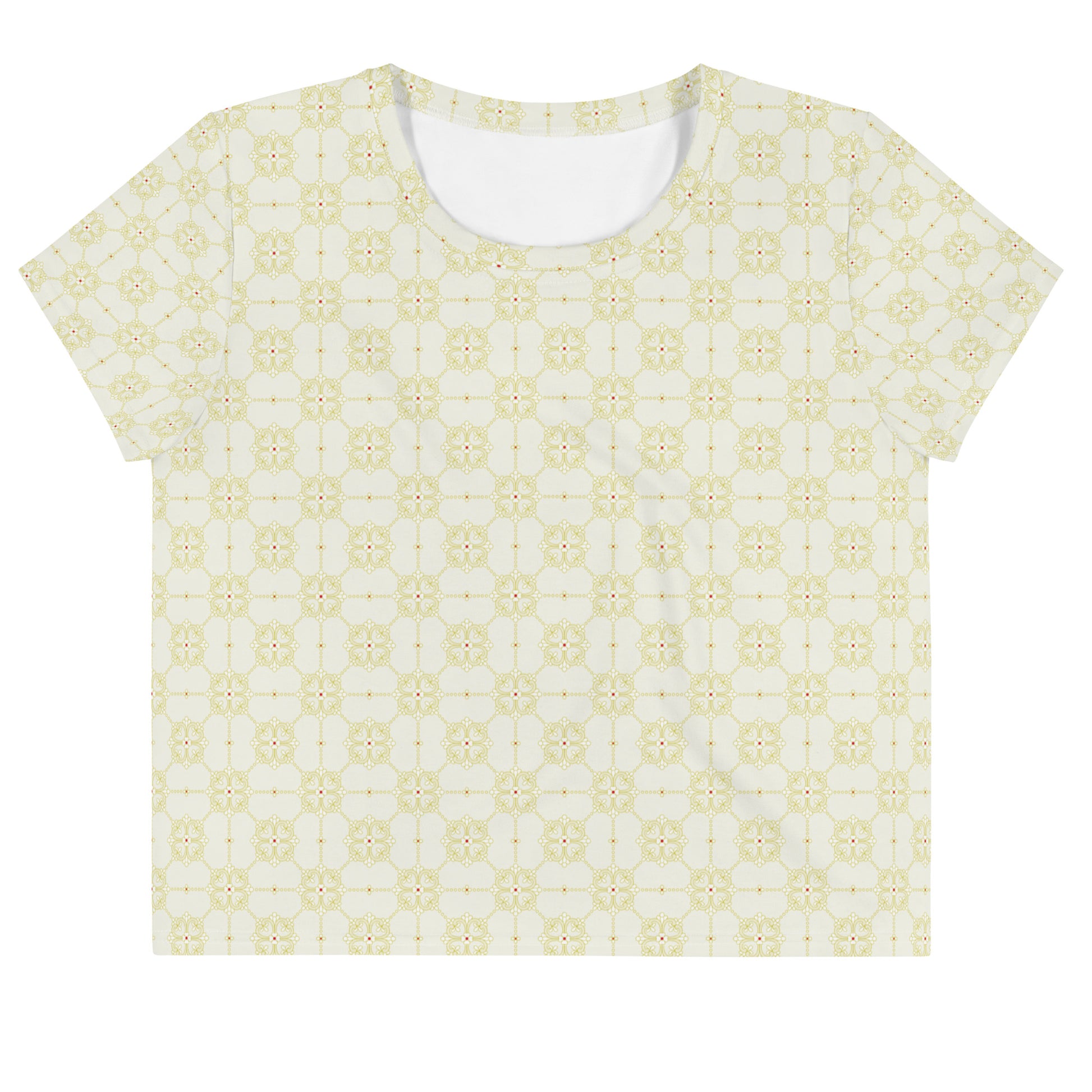クリーム色系の割付文様レディースクロップTシャツの前面画像