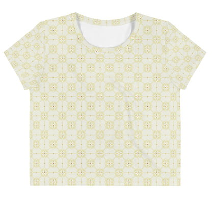 クリーム色系の割付文様レディースクロップTシャツの前面画像