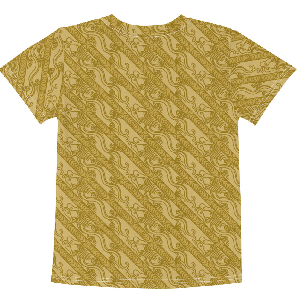 昇龍（昇竜）の伝統文様を茶色地の男の子や女の子たち子供向けキッズTシャツの背面画像
