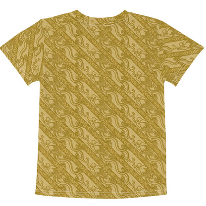 昇龍（昇竜）の伝統文様を茶色地の男の子や女の子たち子供向けキッズTシャツの背面画像