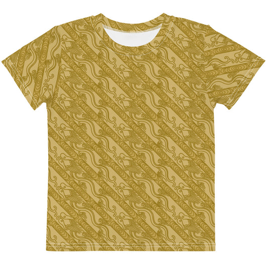 昇龍（昇竜）の伝統文様を茶色地の男の子や女の子たち子供向けキッズTシャツの前面画像