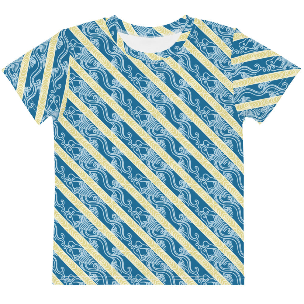 昇龍（昇竜）の伝統文様を青地の男の子や女の子たち子供向けキッズTシャツの前面画像