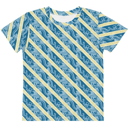 昇龍（昇竜）の伝統文様を青地の男の子や女の子たち子供向けキッズTシャツの前面画像
