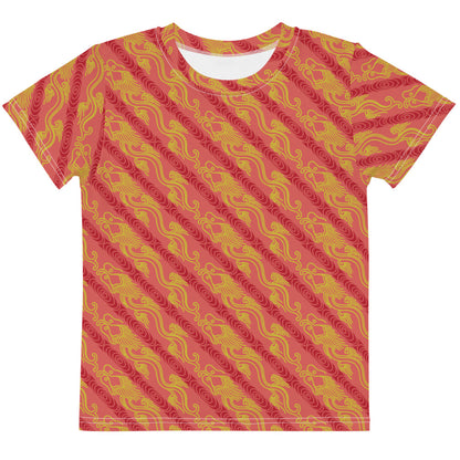 昇龍（昇竜）の伝統文様を赤地の男の子や女の子たち子供向けキッズTシャツの前面画像